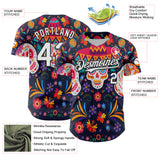 Custom Navy White-Black 3D Mexican Festival Flower Skull With Sombrero Cinco de Mayo Authentic Baseball Jersey
