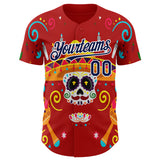 Custom Red Navy-White 3D Mexican Festival Flower And Skull Sombrero Cinco de Mayo Authentic Baseball Jersey