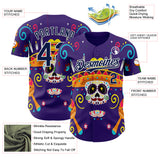Custom Purple Navy-White 3D Mexican Festival Flower Skull With Sombrero Cinco de Mayo Authentic Baseball Jersey