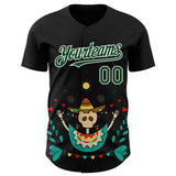 Custom Black Green-White 3D Mexican Festival Flower Skull With Sombrero Cinco de Mayo Authentic Baseball Jersey