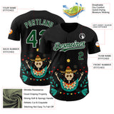 Custom Black Green-White 3D Mexican Festival Flower Skull With Sombrero Cinco de Mayo Authentic Baseball Jersey