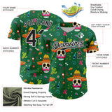 Custom Kelly Green Black-White 3D Mexican Festival Flower Skull With Sombrero Cinco de Mayo Authentic Baseball Jersey