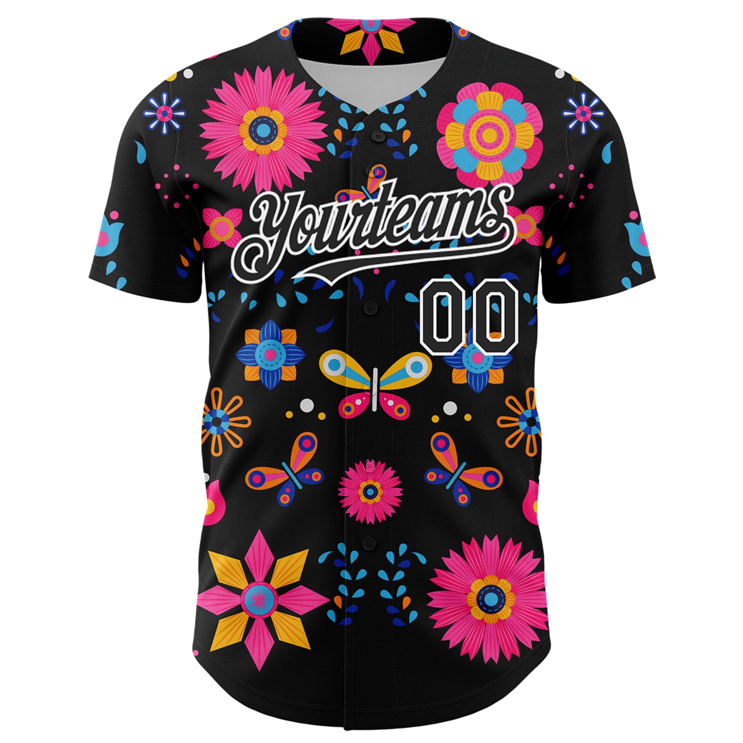 Custom Black White 3D Mexican Festival Flower Cinco de Mayo Authentic Baseball Jersey