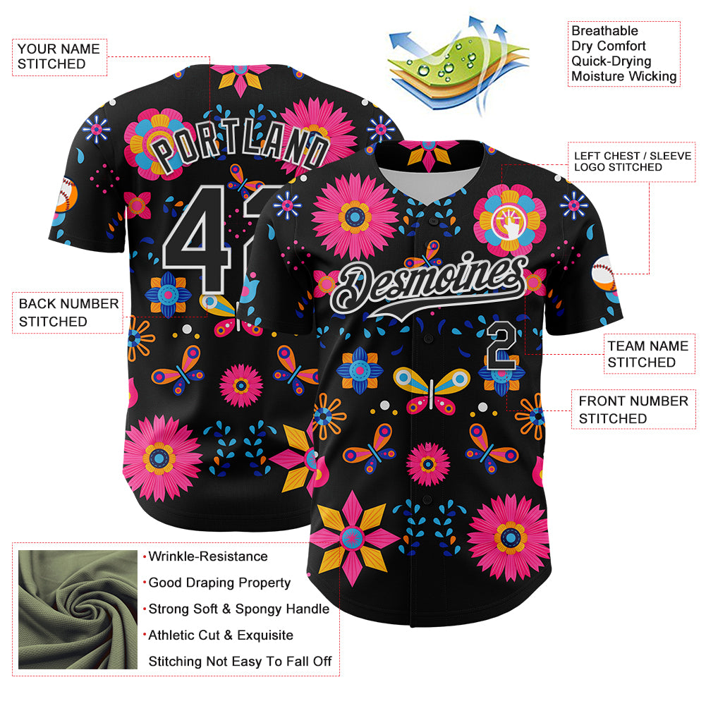 Custom Black White 3D Mexican Festival Flower Cinco de Mayo Authentic Baseball Jersey