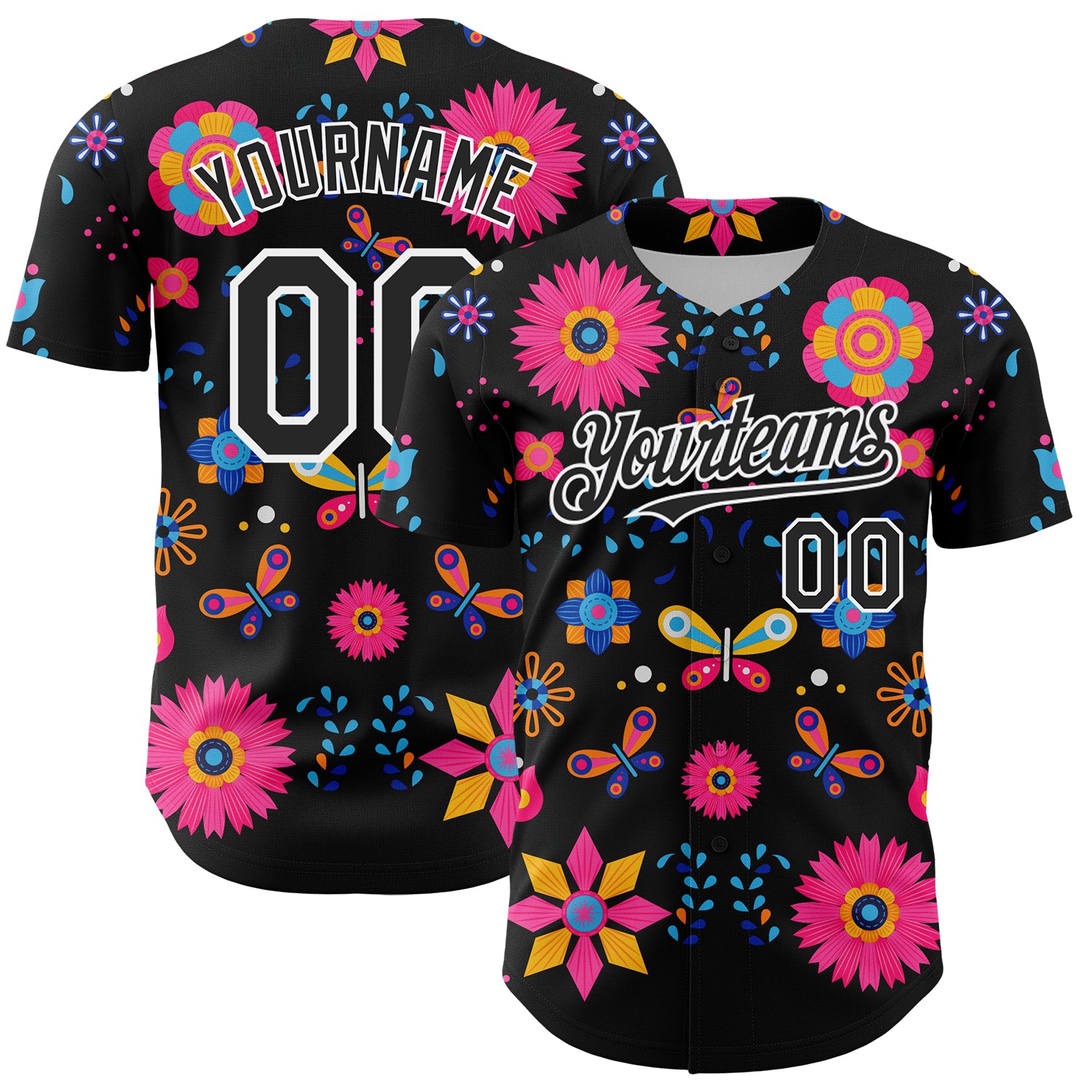 Custom Black White 3D Mexican Festival Flower Cinco de Mayo Authentic Baseball Jersey
