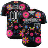 Custom Black White 3D Mexican Festival Flower Cinco de Mayo Authentic Baseball Jersey