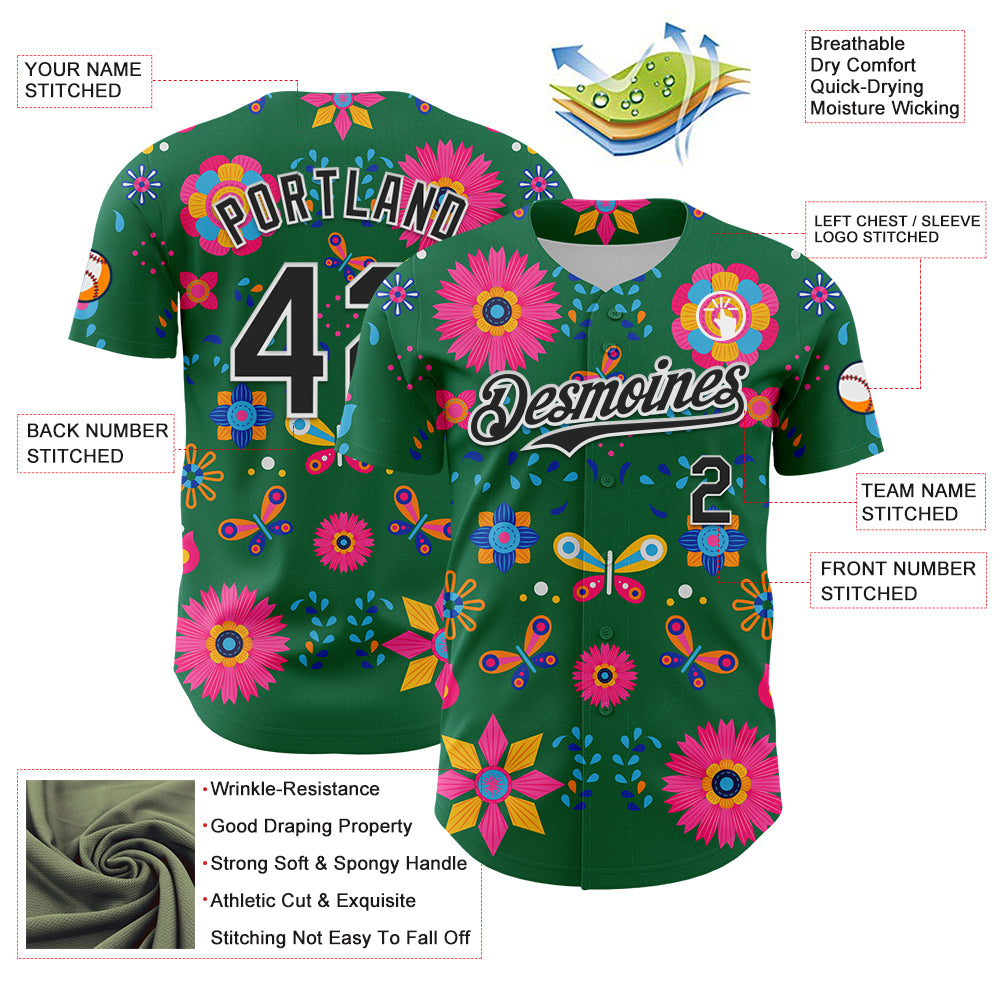 Custom Kelly Green Black-White 3D Mexican Festival Flower Cinco de Mayo Authentic Baseball Jersey