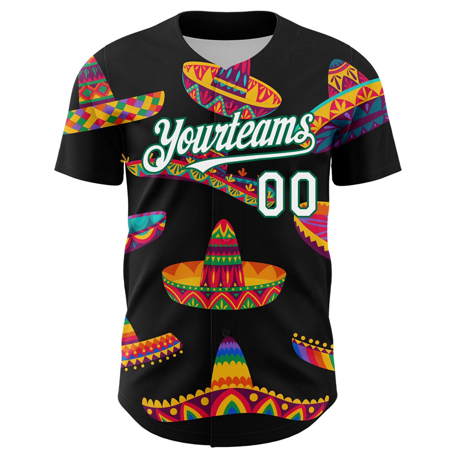 Custom Black White-Kelly Green 3D Mexican Festival Sombrero Cinco de Mayo Authentic Baseball Jersey