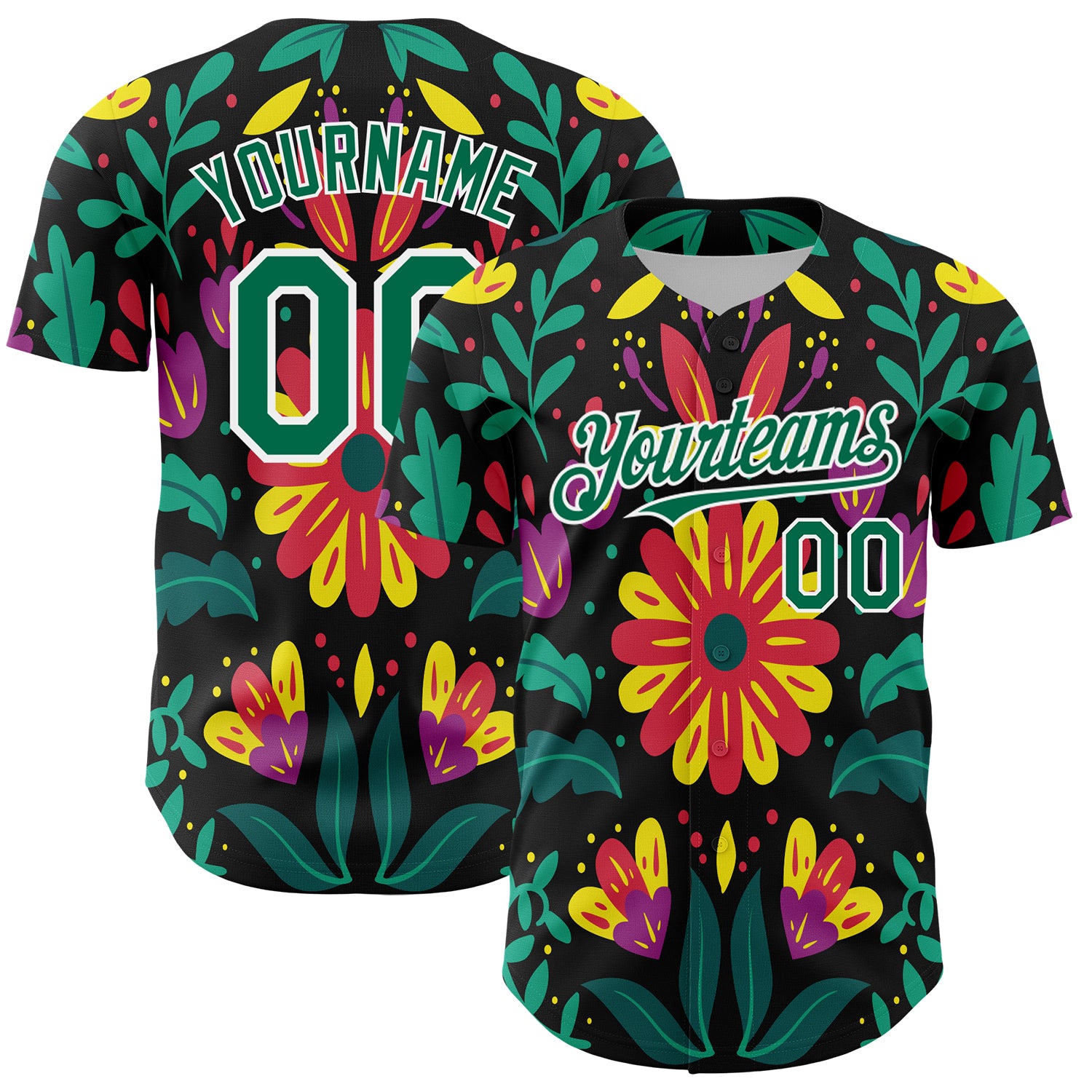 Custom Black Kelly Green-White 3D Mexican Festival Flower Cinco de Mayo Authentic Baseball Jersey