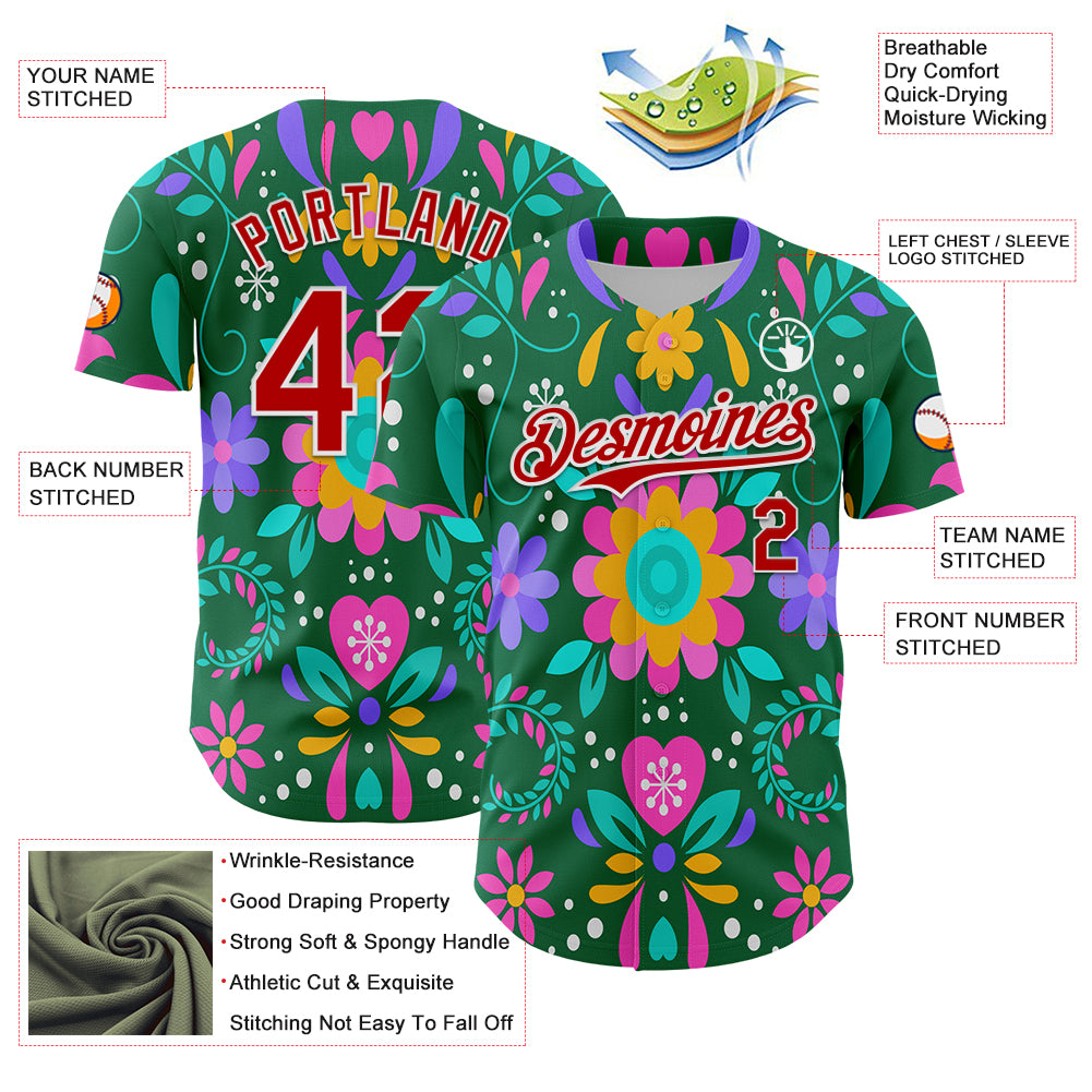 Custom Kelly Green Red-White 3D Mexican Festival Flower Cinco de Mayo Authentic Baseball Jersey