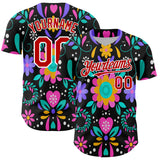 Custom Black Red-White 3D Mexican Festival Flower Cinco de Mayo Authentic Baseball Jersey