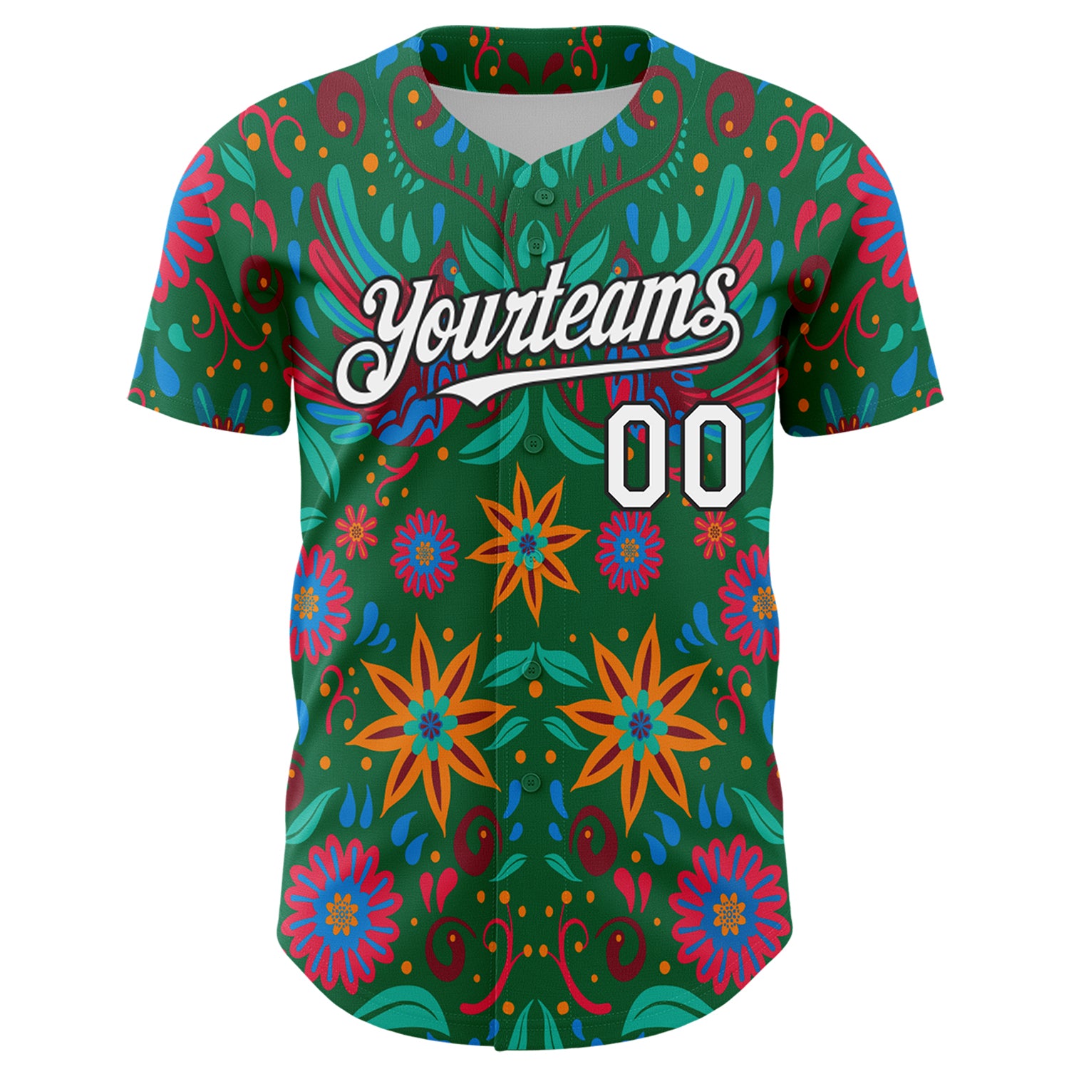 Custom Kelly Green White-Black 3D Mexican Festival Flower Cinco de Mayo Authentic Baseball Jersey