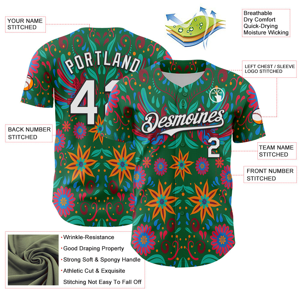 Custom Kelly Green White-Black 3D Mexican Festival Flower Cinco de Mayo Authentic Baseball Jersey