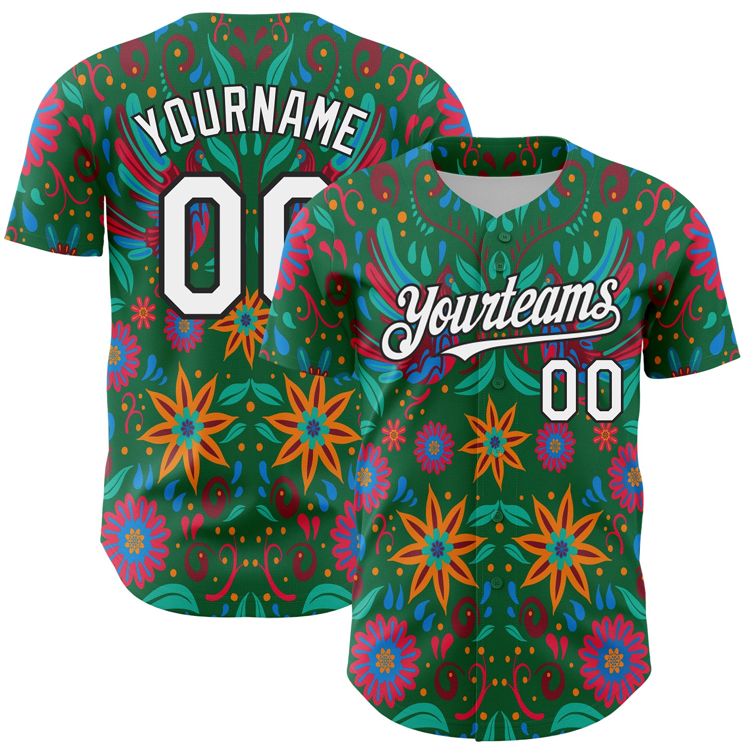 Custom Kelly Green White-Black 3D Mexican Festival Flower Cinco de Mayo Authentic Baseball Jersey