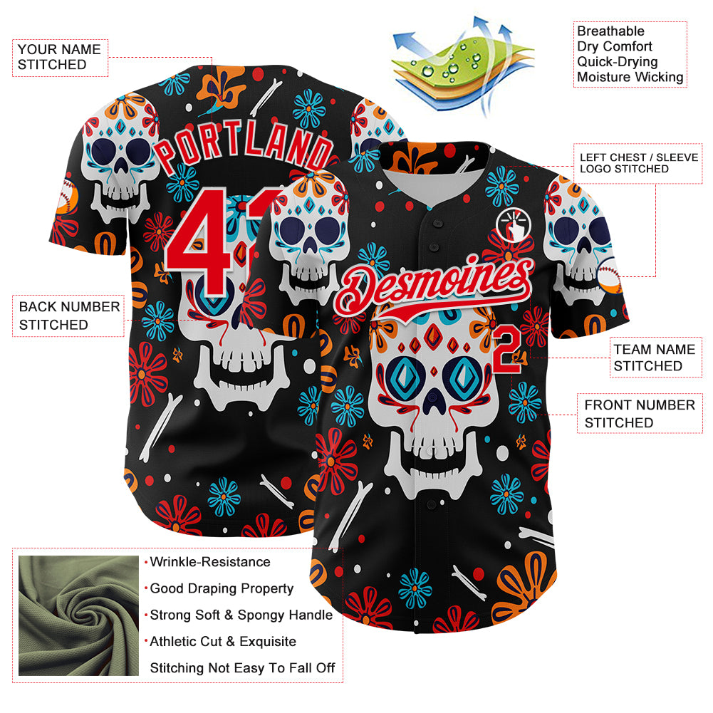 Custom Kelly Green Fire Red-White 3D Mexican Festival Flower And Skull Cinco de Mayo Authentic Baseball Jersey