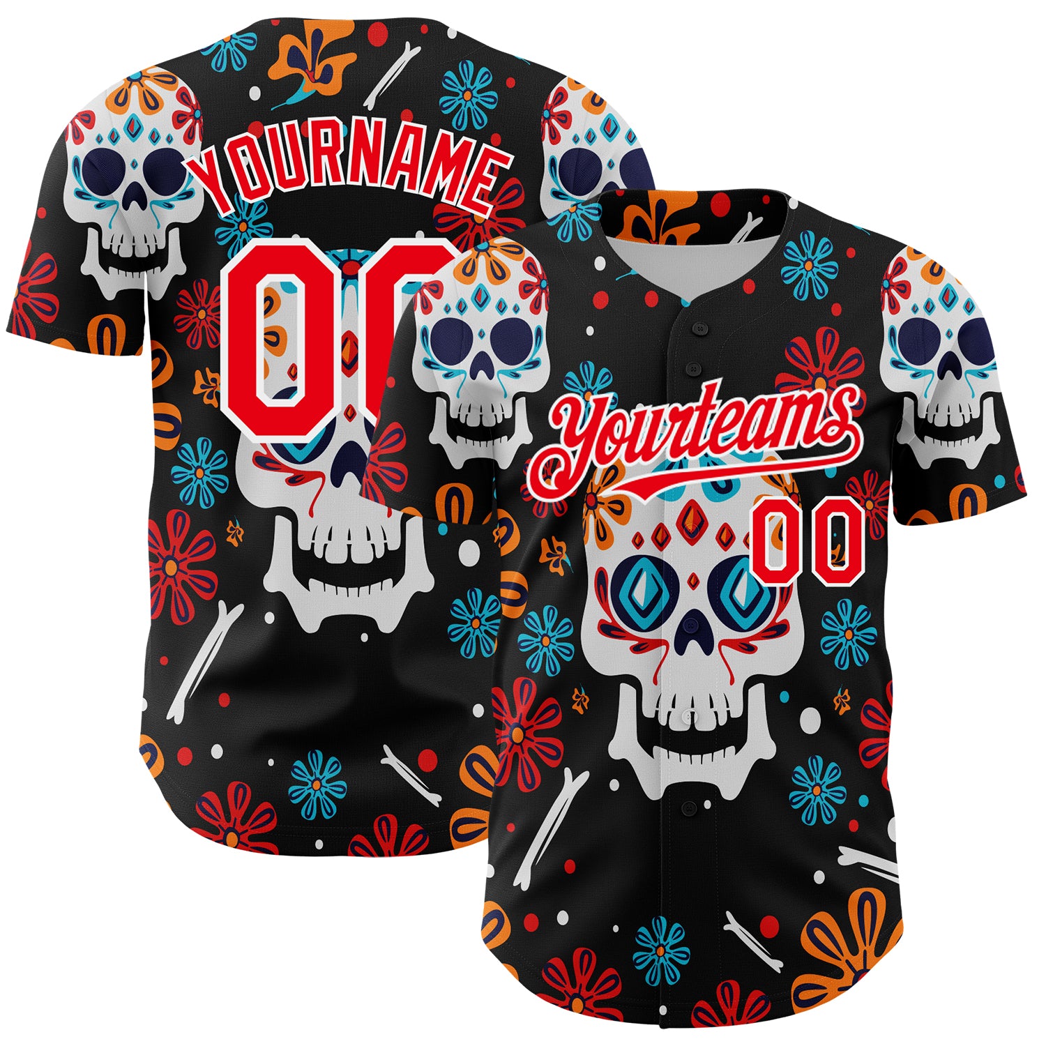 Custom Kelly Green Fire Red-White 3D Mexican Festival Flower And Skull Cinco de Mayo Authentic Baseball Jersey