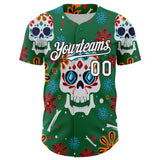 Custom Kelly Green White-Black 3D Mexican Festival Flower And Skull Cinco de Mayo Authentic Baseball Jersey