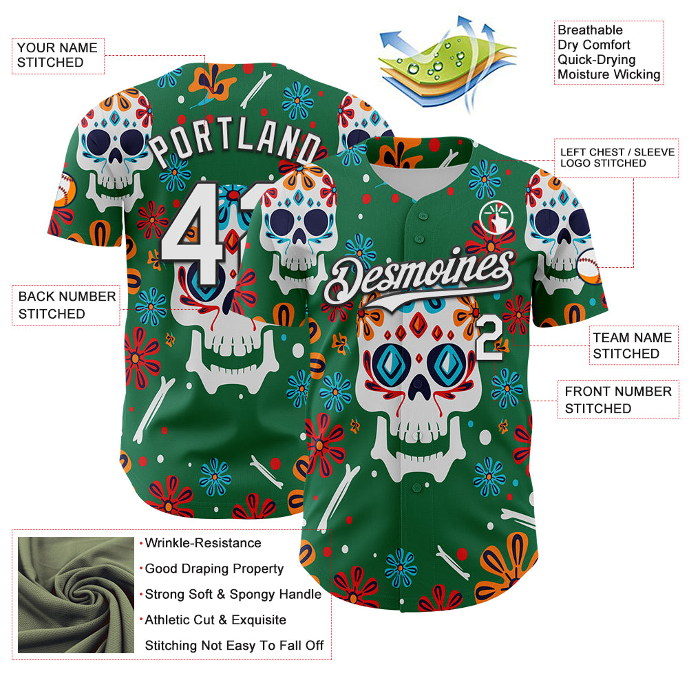 Custom Kelly Green White-Black 3D Mexican Festival Flower And Skull Cinco de Mayo Authentic Baseball Jersey