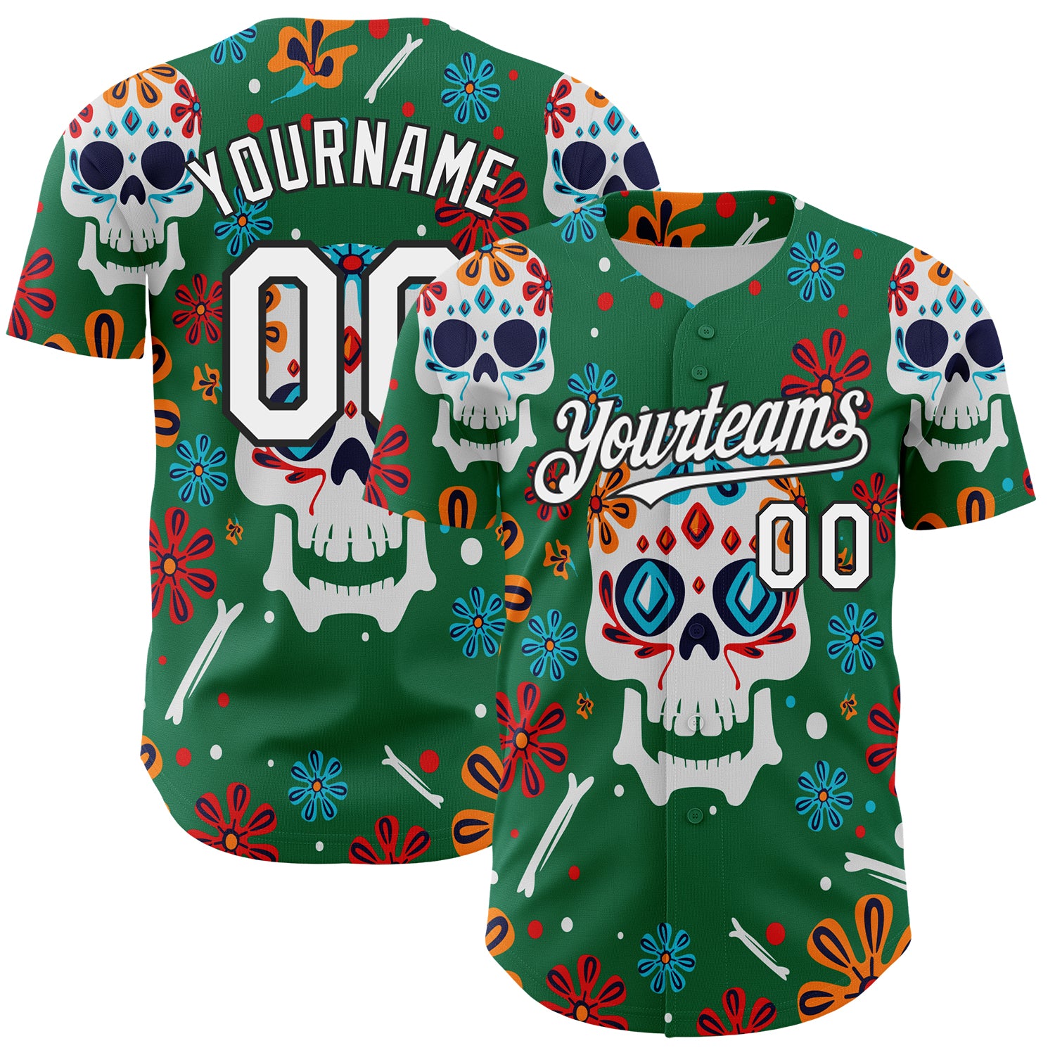 Custom Kelly Green White-Black 3D Mexican Festival Flower And Skull Cinco de Mayo Authentic Baseball Jersey