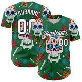 Custom Kelly Green White-Black 3D Mexican Festival Flower And Skull Cinco de Mayo Authentic Baseball Jersey