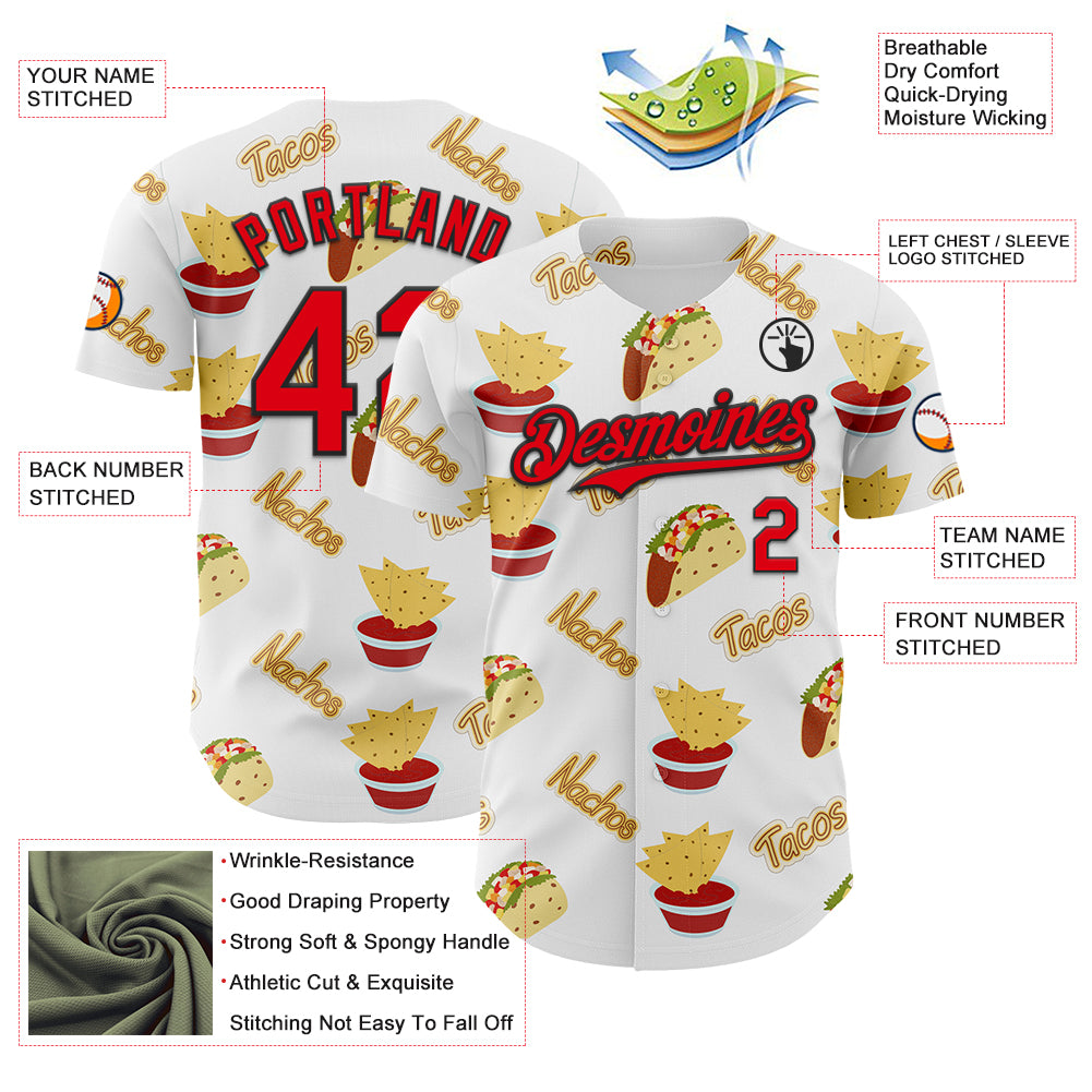 Custom White Fire Red-Black 3D Mexican Festival Taco Cinco de Mayo Authentic Baseball Jersey