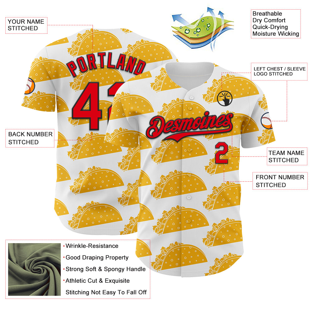 Custom White Fire Red-Black 3D Mexican Festival Nachos And Tacos Cinco de Mayo Authentic Baseball Jersey