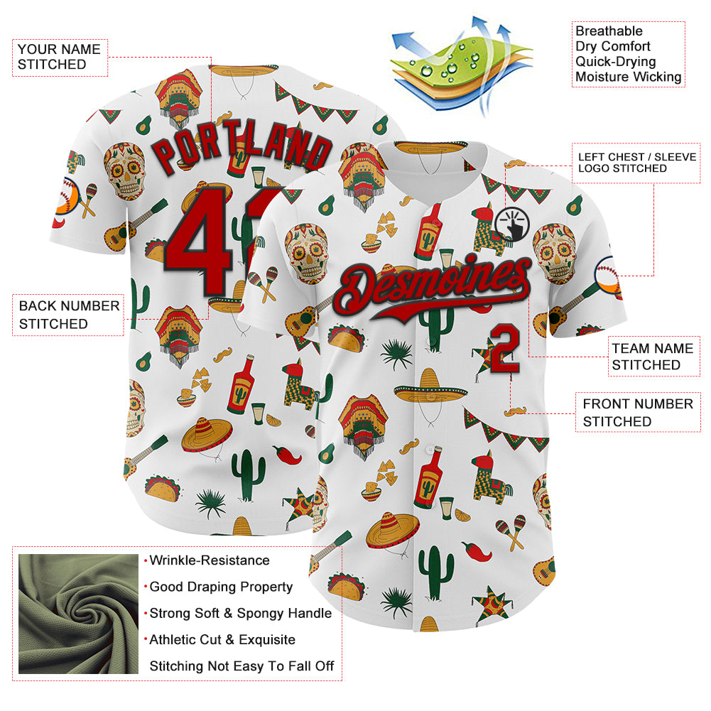 Custom White Red-Black 3D Mexican Festival Cactus Skull Sombrero Cinco de Mayo Authentic Baseball Jersey