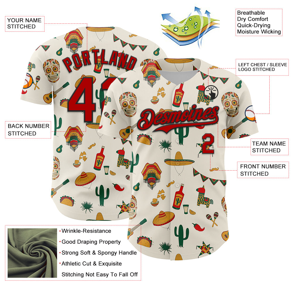 Custom Cream Red-Black 3D Mexican Festival Cactus Skull Sombrero Cinco de Mayo Authentic Baseball Jersey