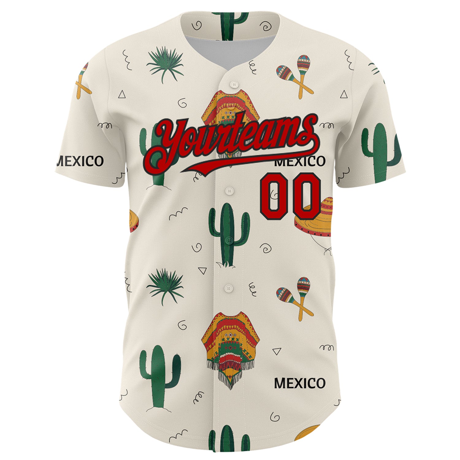 Custom Cream Red-Black 3D Mexican Festival Cactus And Sombrero Cinco de Mayo Authentic Baseball Jersey