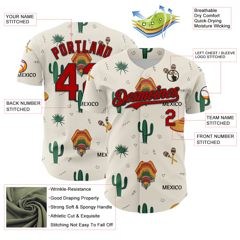Custom Cream Red-Black 3D Mexican Festival Cactus And Sombrero Cinco de Mayo Authentic Baseball Jersey
