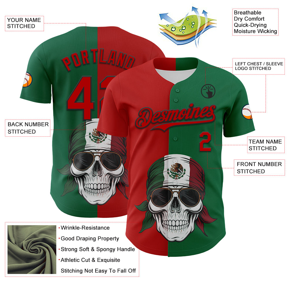 Custom Green Red-Black 3D Mexican Flag Skull Authentic Baseball Jersey