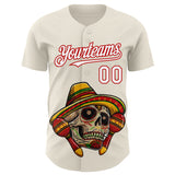 Custom Cream White-Red 3D Mexican Festival Skull With Sombrero Cinco de Mayo Authentic Baseball Jersey