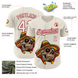 Custom Cream White-Red 3D Mexican Festival Skull With Sombrero Cinco de Mayo Authentic Baseball Jersey