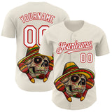 Custom Cream White-Red 3D Mexican Festival Skull With Sombrero Cinco de Mayo Authentic Baseball Jersey