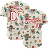 Custom Cream White-Red 3D Mexican Festival Cactus Skull With Sombrero Cinco de Mayo Authentic Baseball Jersey