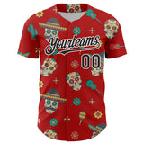 Custom Red Black-White 3D Mexican Festival Cactus Skull With Sombrero Cinco de Mayo Authentic Baseball Jersey