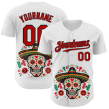 Custom White Red-Black 3D Mexican Festival Flag Skull With Sombrero Cinco de Mayo Authentic Baseball Jersey