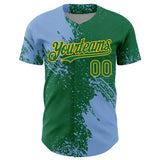 Custom Light Blue Kelly Green-Gold 3D Pattern Design Abstract Brush Stroke Authentic Baseball Jersey