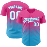 Custom Pink White-Sky Blue 3D Gradient Square Shape Authentic Baseball Jersey
