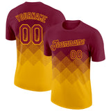 Custom Crimson Gold 3D Pattern Design Gradient Square Shapes Performance T-Shirt