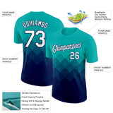 Custom Aqua White-Navy 3D Pattern Design Gradient Square Shapes Performance T-Shirt
