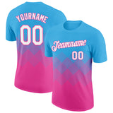 Custom Sky Blue White-Pink 3D Pattern Design Gradient Square Shapes Performance T-Shirt