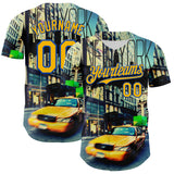 Custom Green Gold-Thunder Blue 3D Pattern Design New York Cityscape Statue Of Liberty Authentic Baseball Jersey