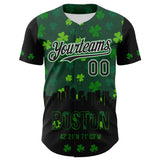Custom Black White-Grass Green 3D Pattern Design Boston Cityscape Shamrock Authentic St. Patrick's Day Baseball Jersey