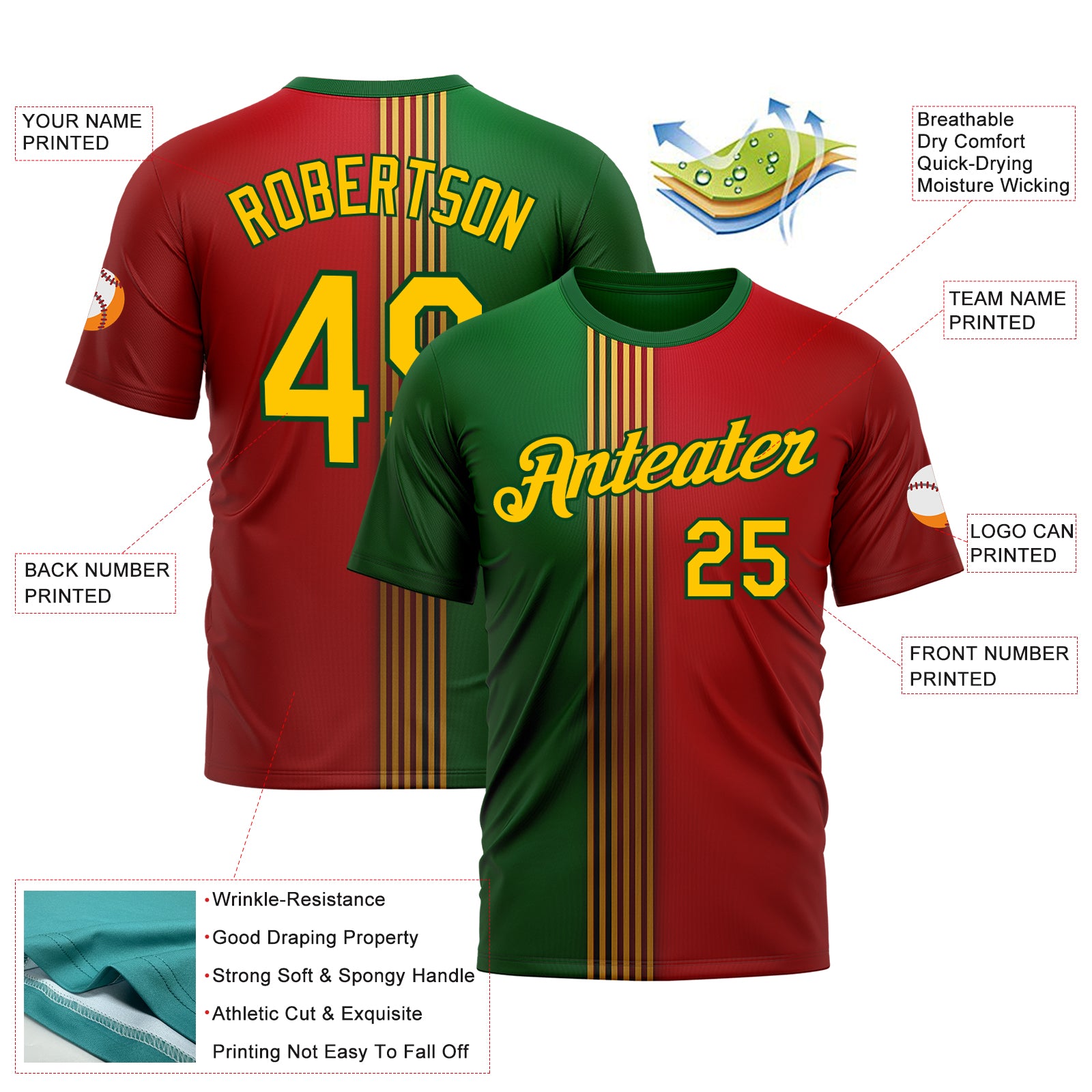Custom Red Yellow-Green 3D Pattern Design Mexico Portugal Sport Wear Performance T-Shirt