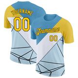 Custom Blue Yellow White-Black 3D Pattern Design Geometric Shape Sportswear Performance T-Shirt