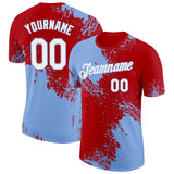 Custom Red White-Light Blue 3D Pattern Design Abstract Brush Stroke Performance T-Shirt