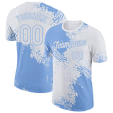 Custom White Light Blue 3D Pattern Design Abstract Brush Stroke Performance T-Shirt