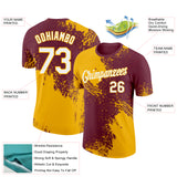 Custom Burgundy White-Gold 3D Pattern Design Abstract Brush Stroke Performance T-Shirt