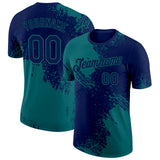 Custom Navy Teal 3D Pattern Design Abstract Brush Stroke Performance T-Shirt